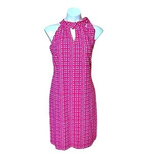 Katherine Way Geometric Print Tie Neck Dress Size Medium Pink/White